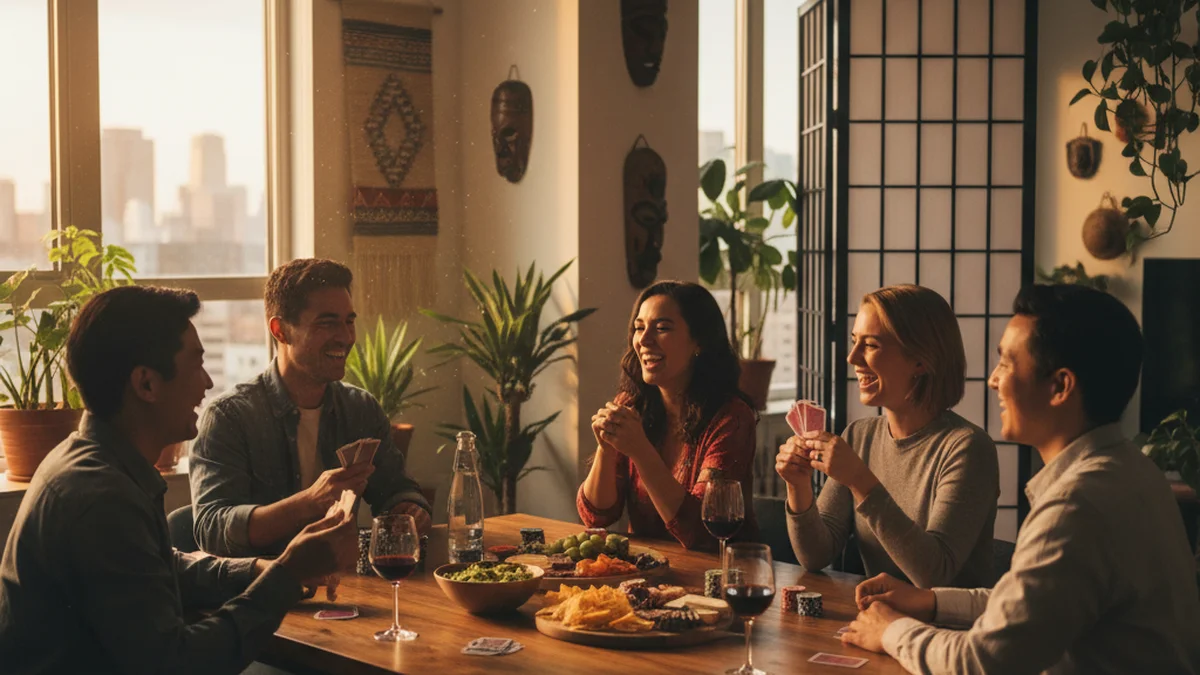 People of different ethnicities gathered around table playing cards in modern apartment